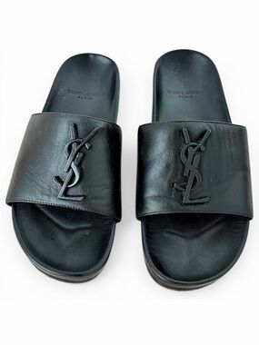 Saint Laurent Black Leather YSL Logo Slide Sandals